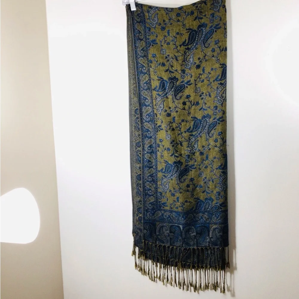 pashmina Olive Green and Navy Blue Paisley Fringe Wrap